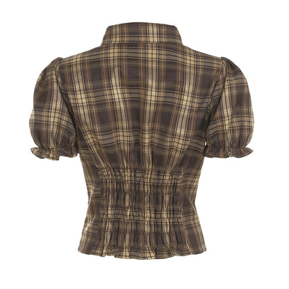 Plaid Puff Sleeve Blouse & Ruffle Mini Skirt Set | Brown Checkered Two Piece Outfit | noémi