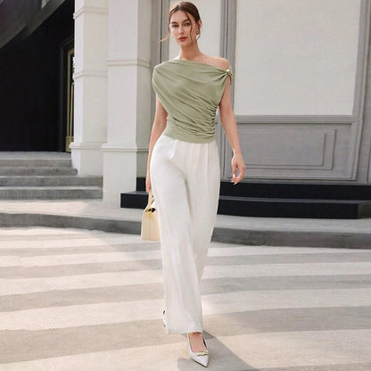 Diagonal Drape Sleeveless Top | Slim Fit & Ruched Design | noémi