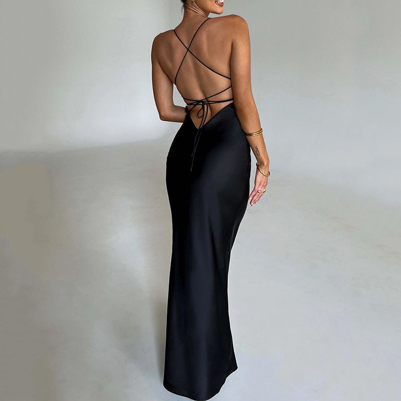 Satin Strap Maxi Dress | Backless Lace Up Waist | noémi