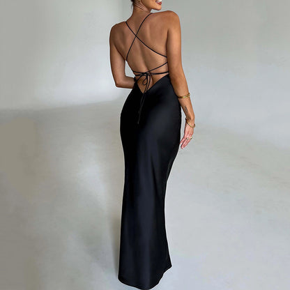 Satin Strap Maxi Dress | Backless Lace Up Waist | noémi