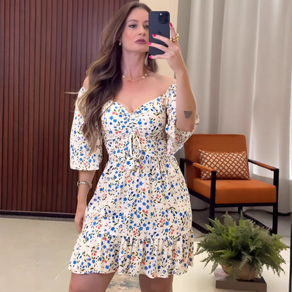 Floral Print V Neck Pleated Dress with Lightweight Fabric | noémi