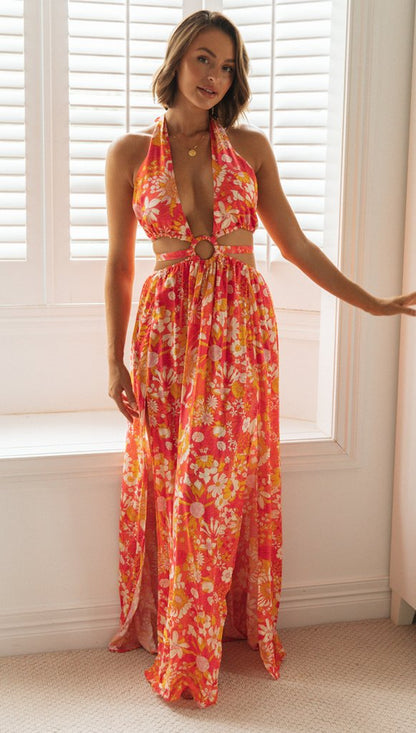 Womens Floral V Neck Maxi Slip Dress | Backless, Split | noémi