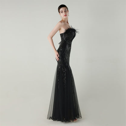 Sequin Beaded Floral Feather Gown | Mesh Fishtail Strapless Cross Back | noémi