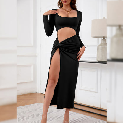 Womens Square Neck Cutout Maxi Dress with High Slit | noémi