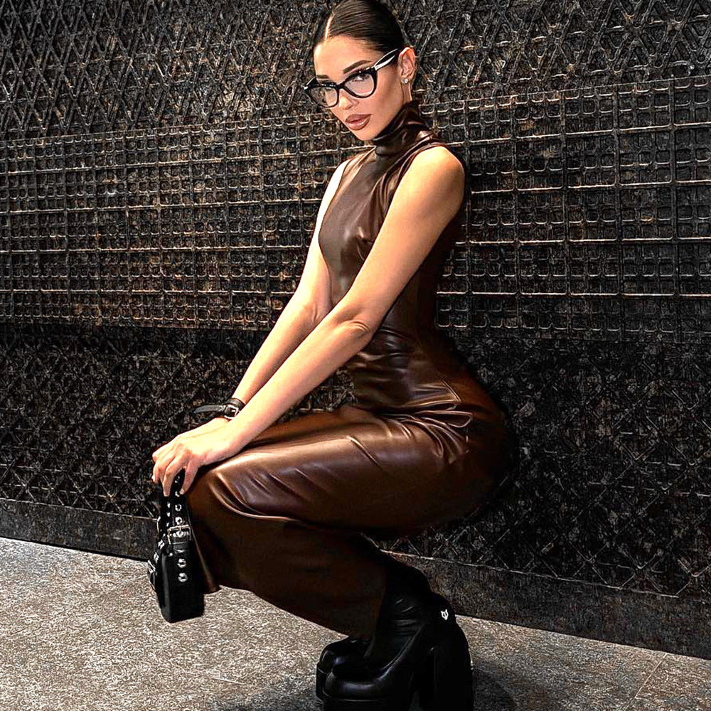 Womens Sleeveless Faux Leather Turtleneck Sheath Dress with Waist Detail and Side Slit | noémi