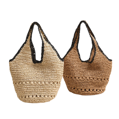 Large-Capacity Straw Shoulder Tote – Hollow-Out Woven, Natural/Black | noémi