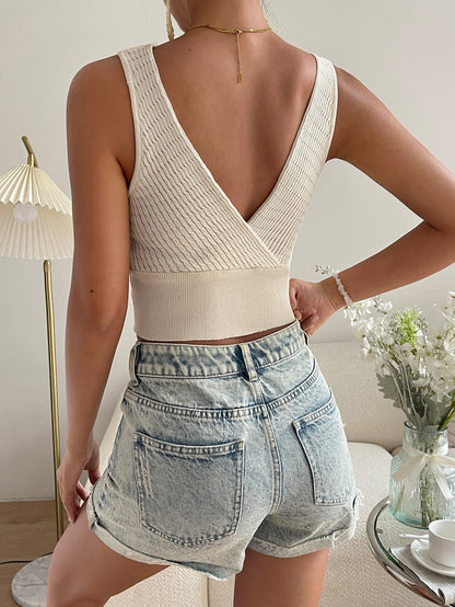 Hemp Texture Knit Cross Crop Tank Top | noémi
