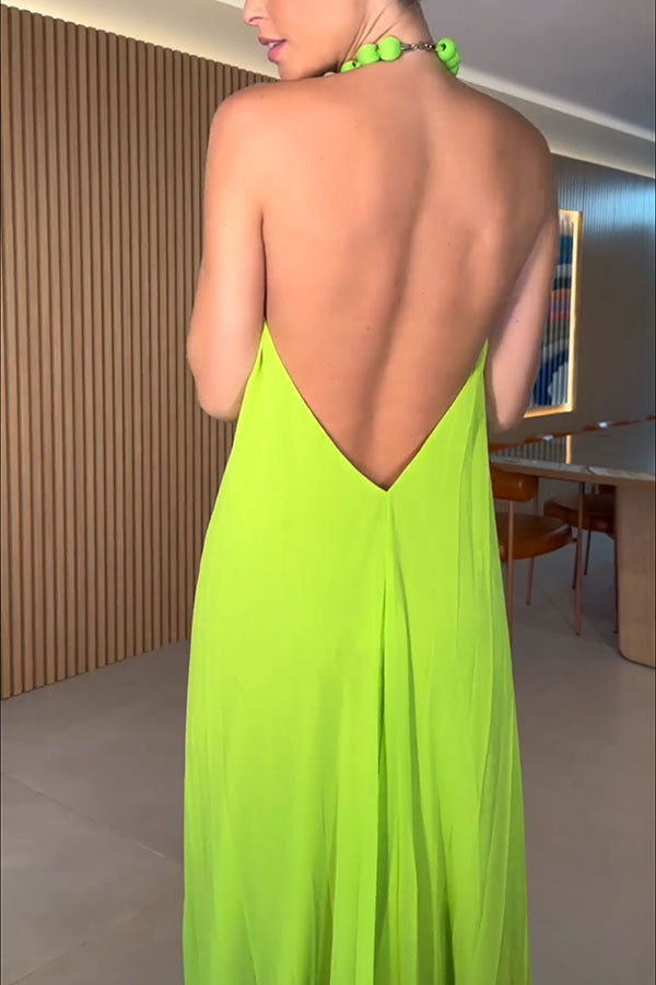 Womens Halter Maxi Dress | Lime Green Chiffon, Pleated, Backless, Flowy Fit | noémi