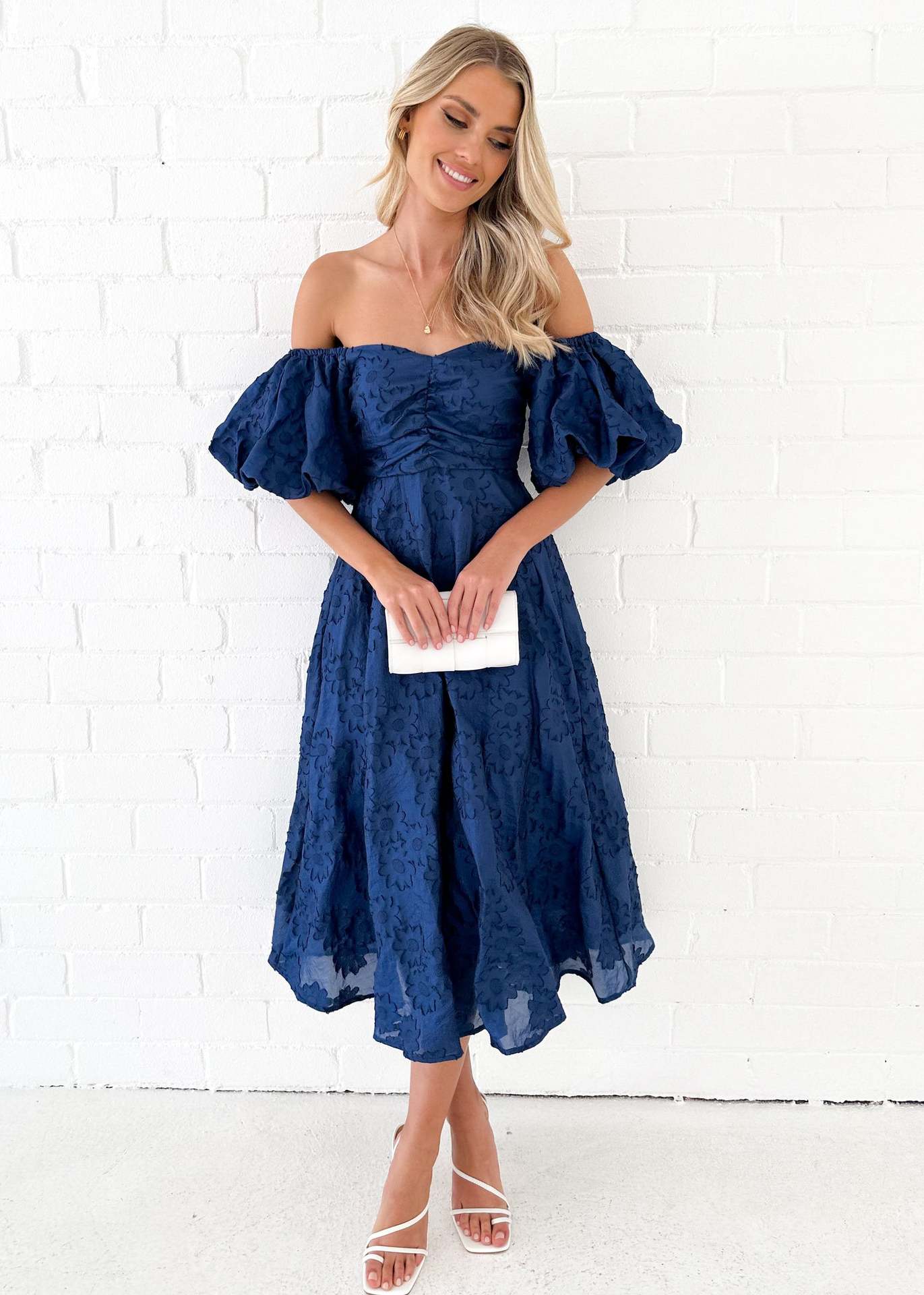 Womens Off Shoulder Floral Midi Dress with Mid Waist | noémi