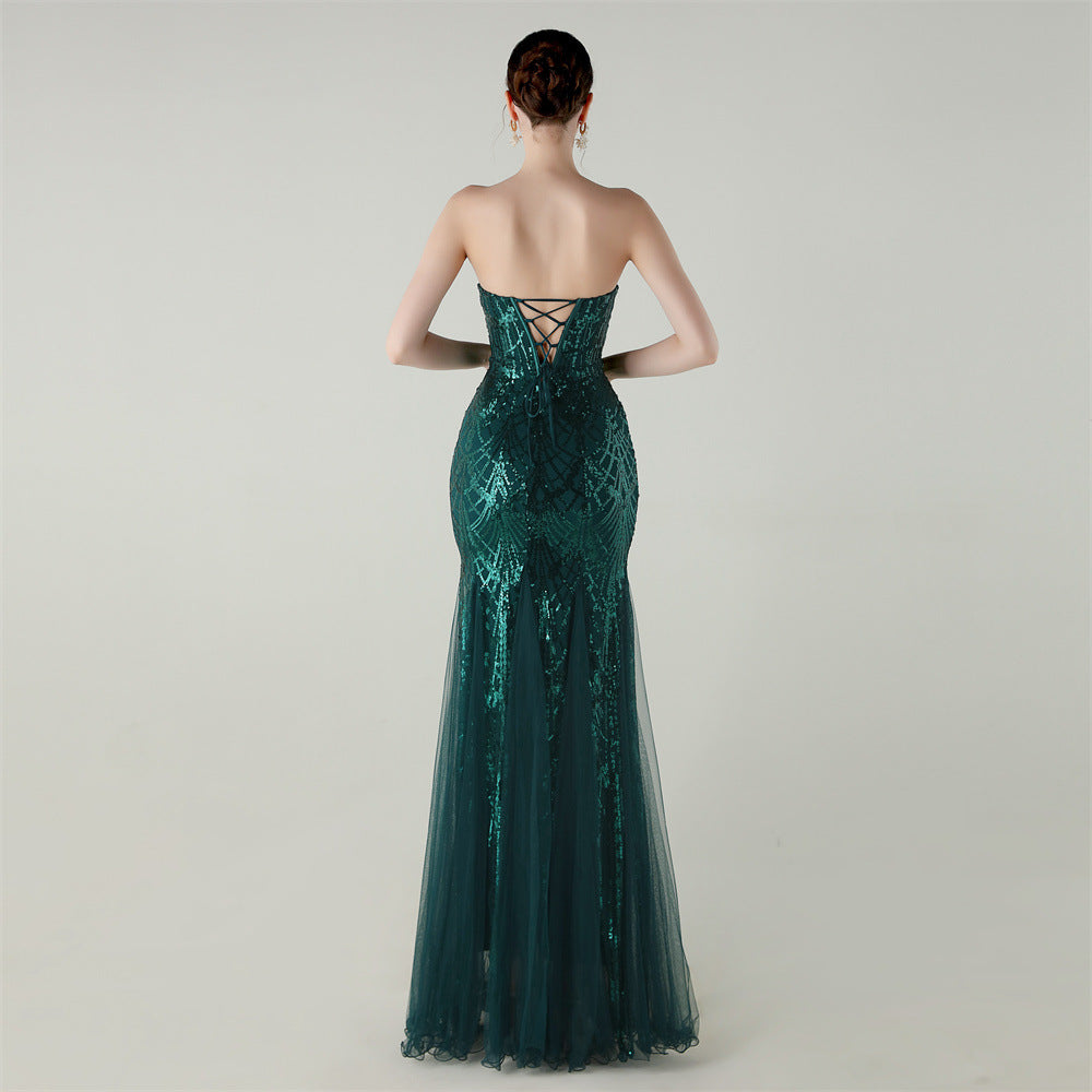 Strapless Beaded Sequin Mesh Dress | Cross Strap Floral Cocktail | noémi