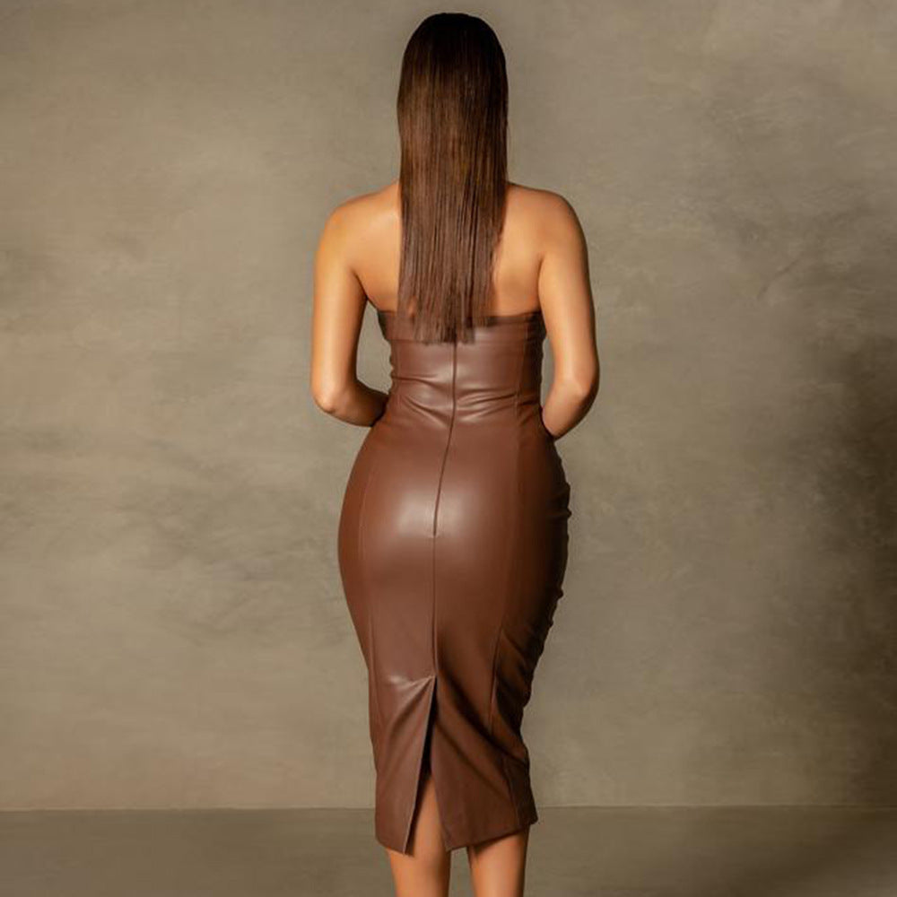 Faux Leather Midi Dress | Slim Fit Tube Top with Back Slit | noémi