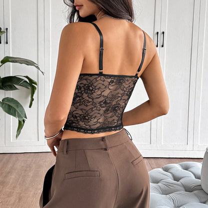 Black Lace Corset Bustier Top | Sheer Mesh Boned Lingerie Cami, Adjustable Straps, Slim Fit | noémi