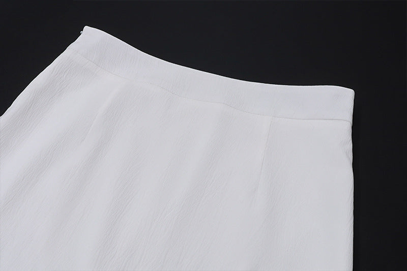 Two Piece White Satin Set | V Neck Halter Crop Top Low Waist Slit Maxi Skirt | noémi