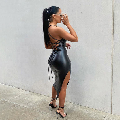Faux Leather Backless Dress Lace Up Split Sling | noémi