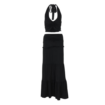 Women’s Two Piece Summer Set | Lace Halterneck Crop Top & Tiered Maxi Skirt | noémi