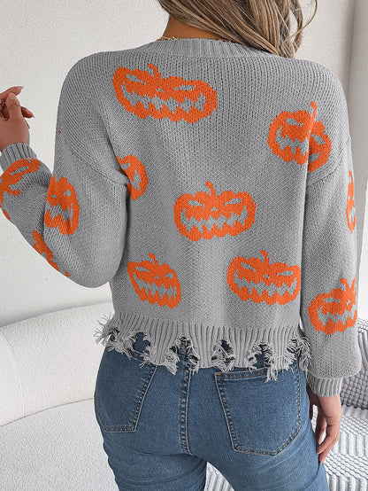 Halloween Pumpkin Sweater for Women | Cut Out Pullover with Distressed Hem | noémi