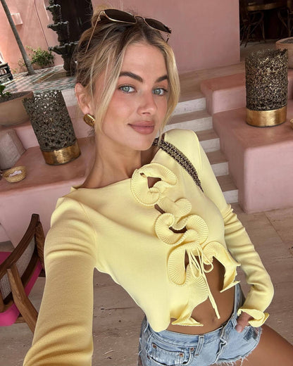 Wavy Contrast Trim Knit Top | Slim Fit, Contrast Stitch, Long Sleeve | noémi