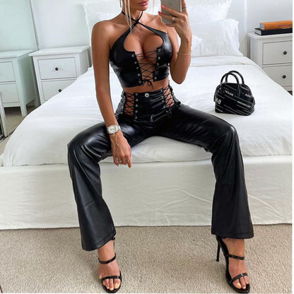 Halter Strap Vest High Waist Faux Leather Trousers | Womens Two Piece Set | noémi