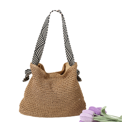 Navy Straw Shoulder Tote Bag – Hand-Woven, Striped-Handle Beach Carryall | noémi