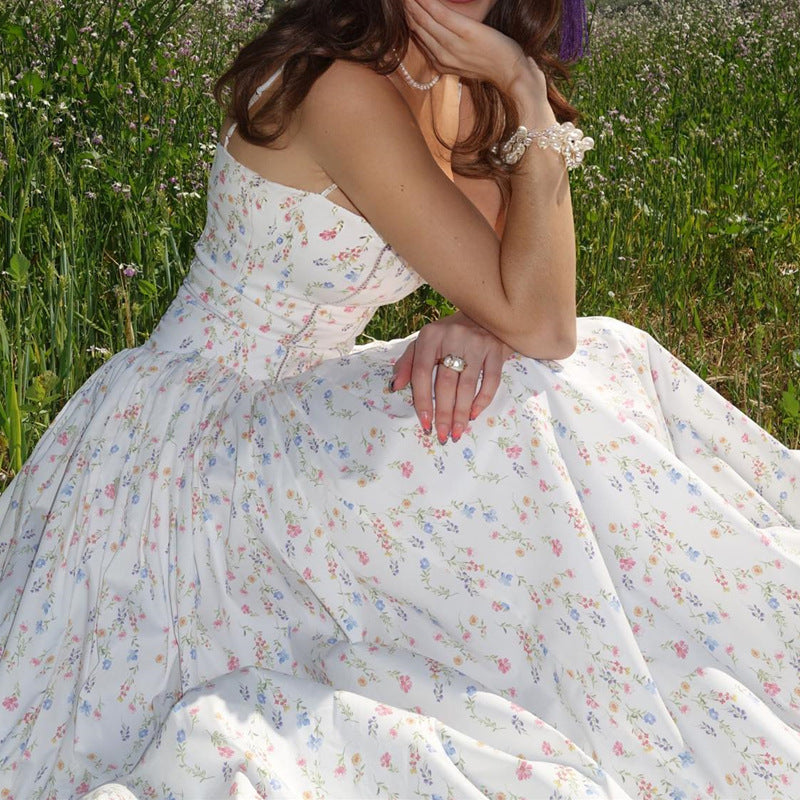 White Floral Maxi Dress with Spaghetti Straps | Flowy Summer Garden Dress | noémi