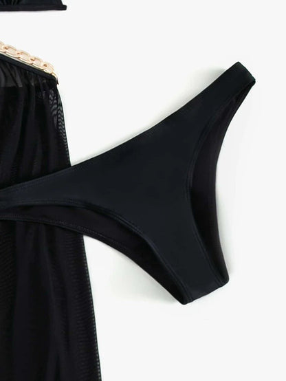 Three Piece Swimsuit Set | Sheer Split Skirt & Gold Chain Detail | noémi