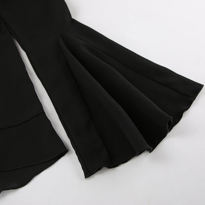 Black V Neck Chiffon Blouse for Women | Sheer Long Sleeve with Ruffle Detail | noémi