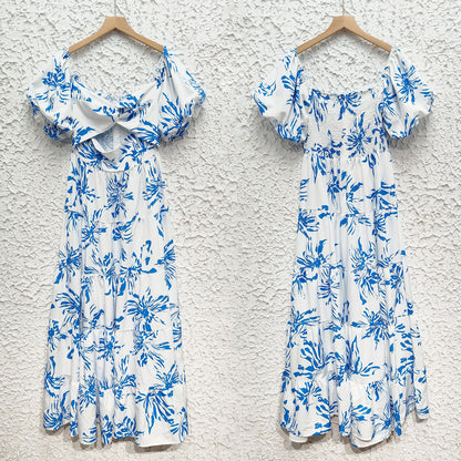 Womens VNeck Puff Sleeve Printed Midi Dress with Cutout Detail | noémi