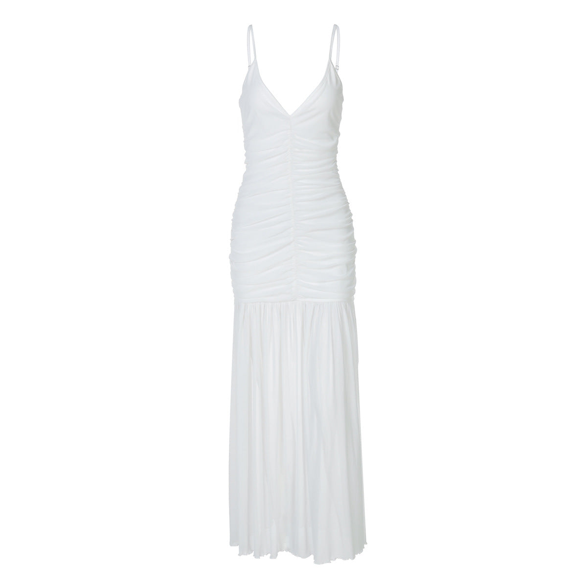 V Neck Mesh Stitch Pleated Dress with Slim Fit and Strap Detail | noémi