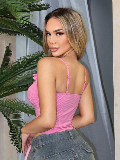 Women's Pink Ruffled Tie Front Ribbed Crop Top | Summer Casual Tank | noémi