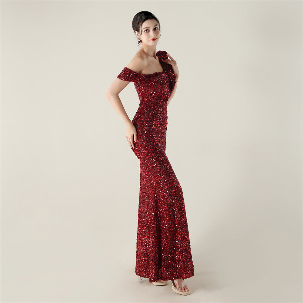 One Shoulder Ruffled Sequin Gown | noémi