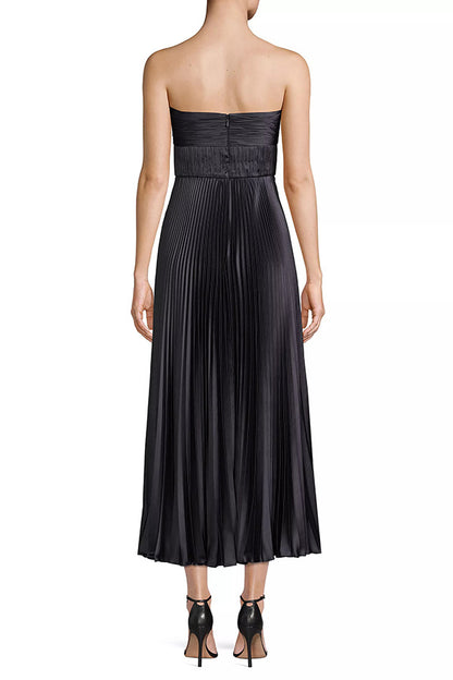 Pleated Satin Maxi Dress | Strapless Wrapped Chest | noémi