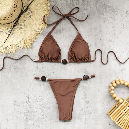 Low Waist Lace Up Split Bikini Set in Solid Color | noémi