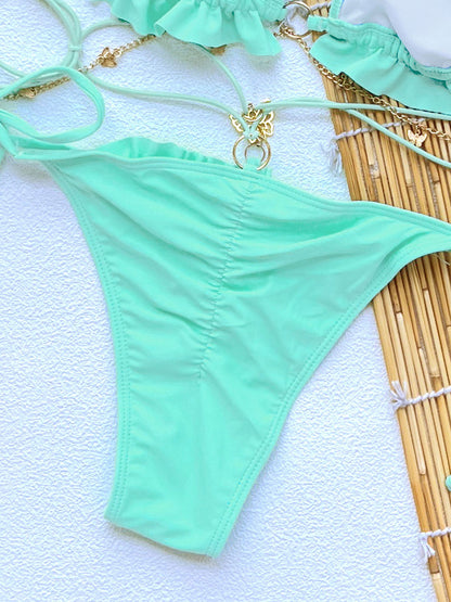 Solid Color Ruffle Chain Strap Three Piece Split Bikini Swimsuit | noémi