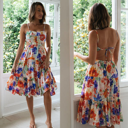 Sundress for Women | Printed Floral Strap Backless Lace Up Dress | noémi