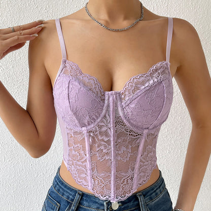 Lace Boned Corset Top for Women | Sheer Mesh Bustier with Steel Ring Support, Adjustable Straps | noémi