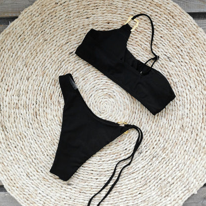 One Shoulder Triangle Bikini Set with Cutout Detail in Pure Black | noémi