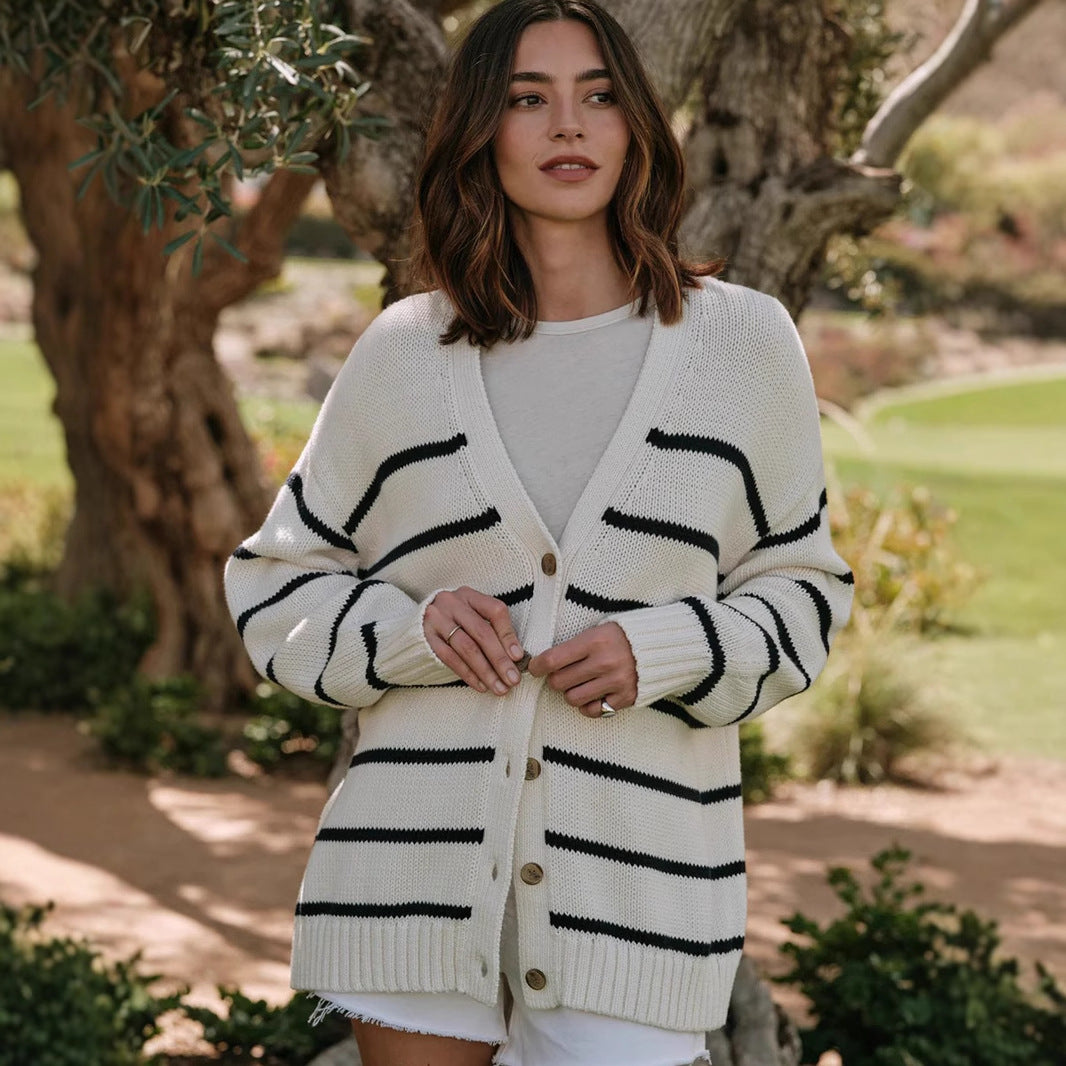 Striped Knit Cardigan for Women | Cozy V Neck Button Up Sweater | Cotton | noémi