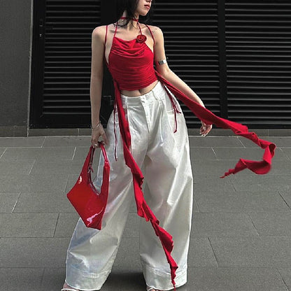 Bold Red Ruched Strappy Crop Top | Side Tie Tank | noémi