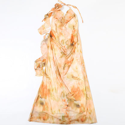 Womens Printed Halter Dress with Lace Up Mesh V Neck | noémi