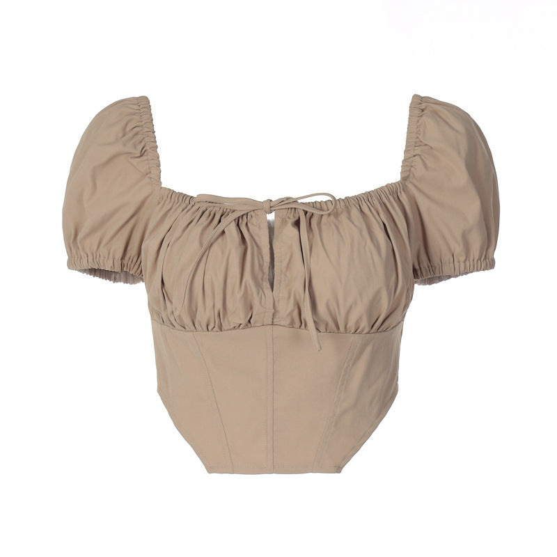 Solid Color Patchwork Backless Pleated Zipper Short Sleeve Top | noémi