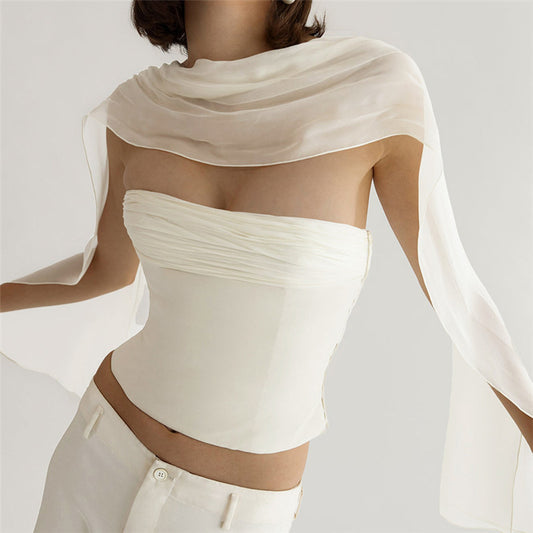 Off Shoulder Slim Fit Cropped Vest | White Chiffon & Tube Top | noémi