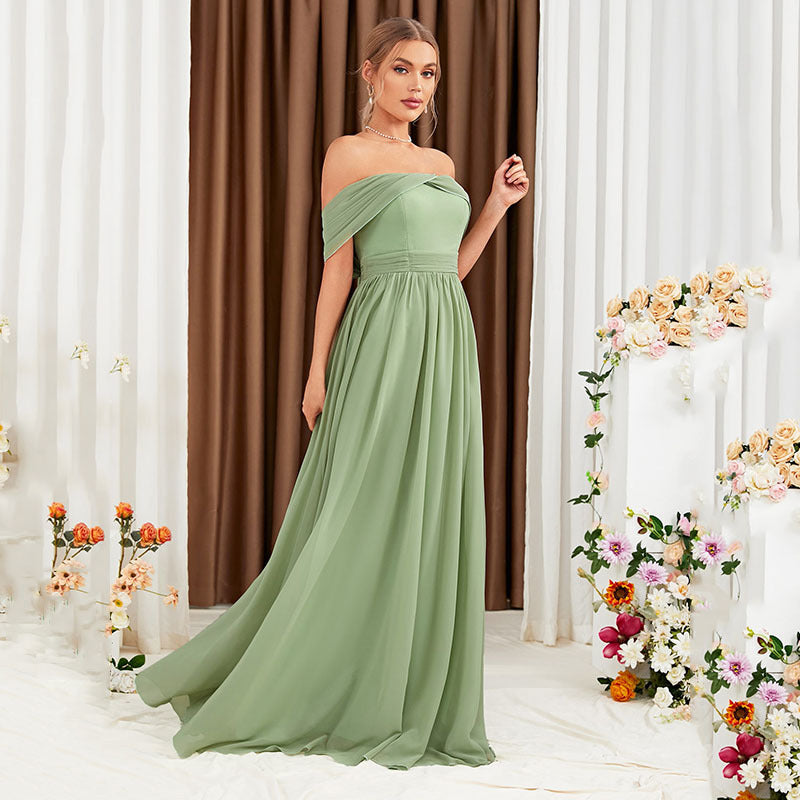 Off Shoulder Slim Fit Dress in Green Flowy Maxi Style | noémi