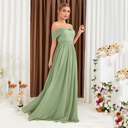 Off Shoulder Slim Fit Dress in Green Flowy Maxi Style | noémi