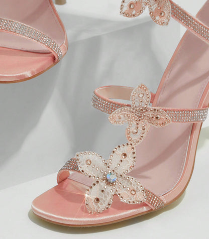 Rhinestone Floral Lace Up Heels | 11cm Stiletto | White & Pink Square Toe Sandals for Women | noémi