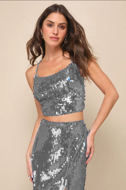 Women’s Sequin Two Piece Set | Lace Up Back Crop Top & Long Skirt | noémi