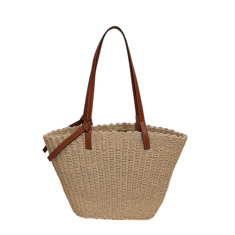 Straw Shoulder Tote Bag – Large-Capacity Hand-Woven Beach Carryall, Natural Beige | noémi