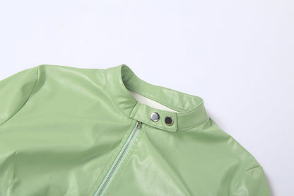 Womens Cropped Faux Leather Zipper Coat | Long Sleeve Sheath Jacket | noémi