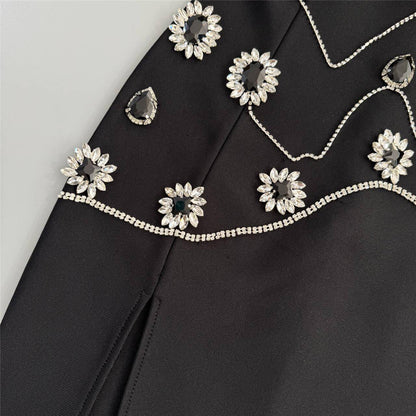 Black Daisy Beaded Maxi Dress | Floral Crystal Embellished Gown with Side Slit | noémi