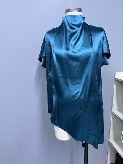 Satin Blouse | High Neck Short Sleeve Top in Champagne | noémi