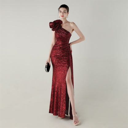 Womens One Shoulder Sequin Beaded Fishtail Gown | Floral Detail, Slim Fit | noémi